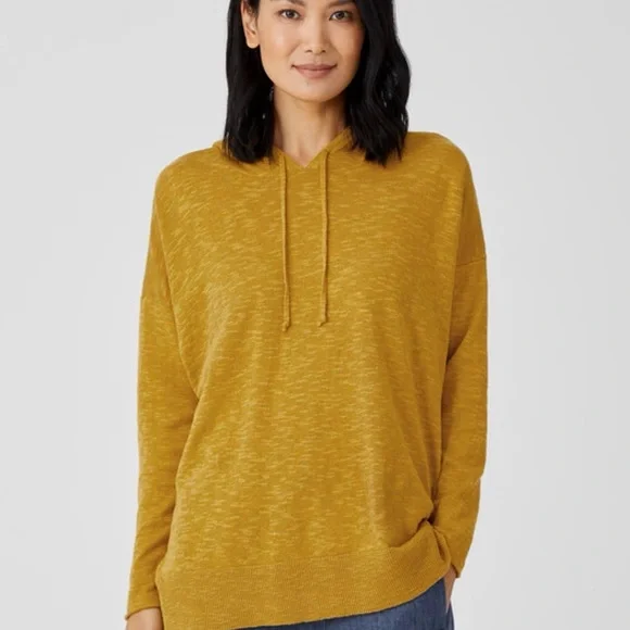 Eileen Fisher organic cotton linen slub Mustard Knit Hooded Pullover top size S - Picture 1 of 11